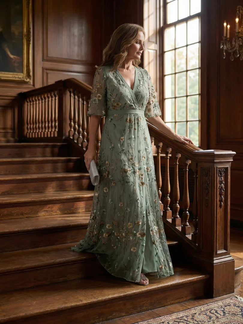 Women's Floral Embroidered Maxi Dress V-Neck Flutter Sleeve