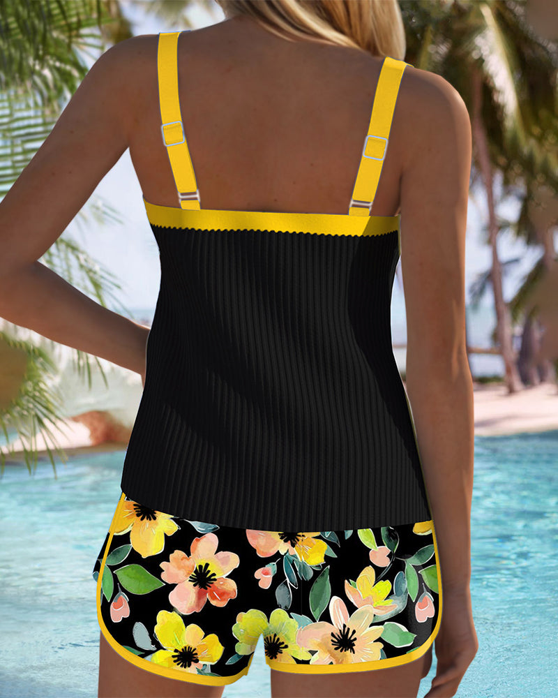 Women's Two-Piece Tankini Set Tummy Control Floral Shorts