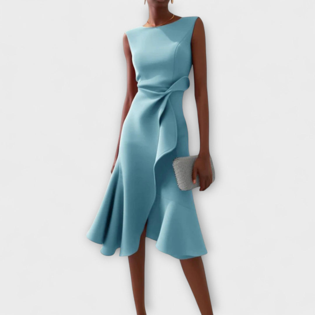 Women's Sleeveless Draped Waist Asymmetric Ruffle Hem Midi Dress