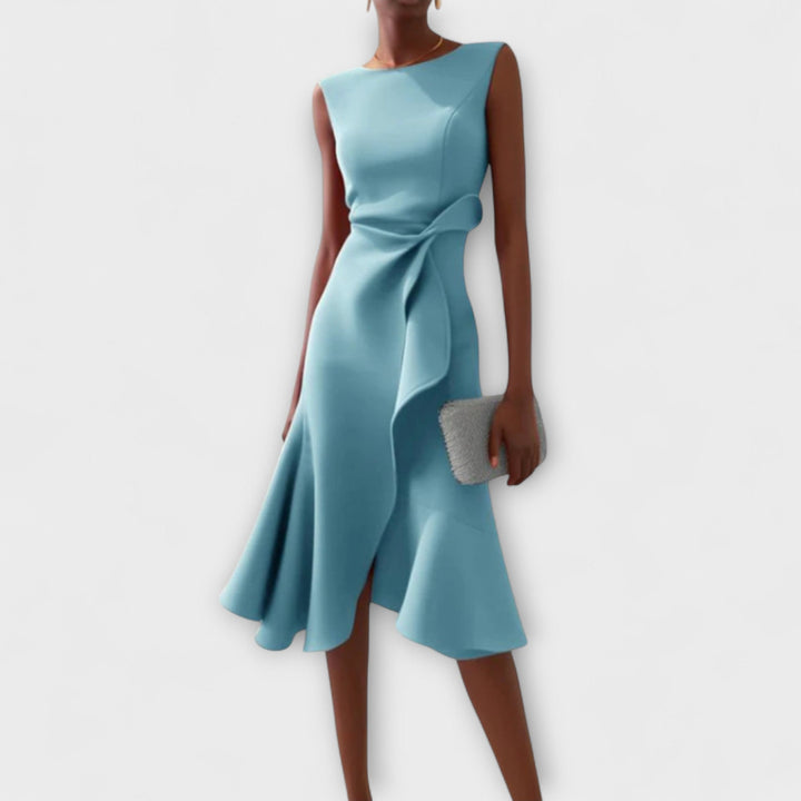 Women's Sleeveless Draped Waist Asymmetric Ruffle Hem Midi Dress