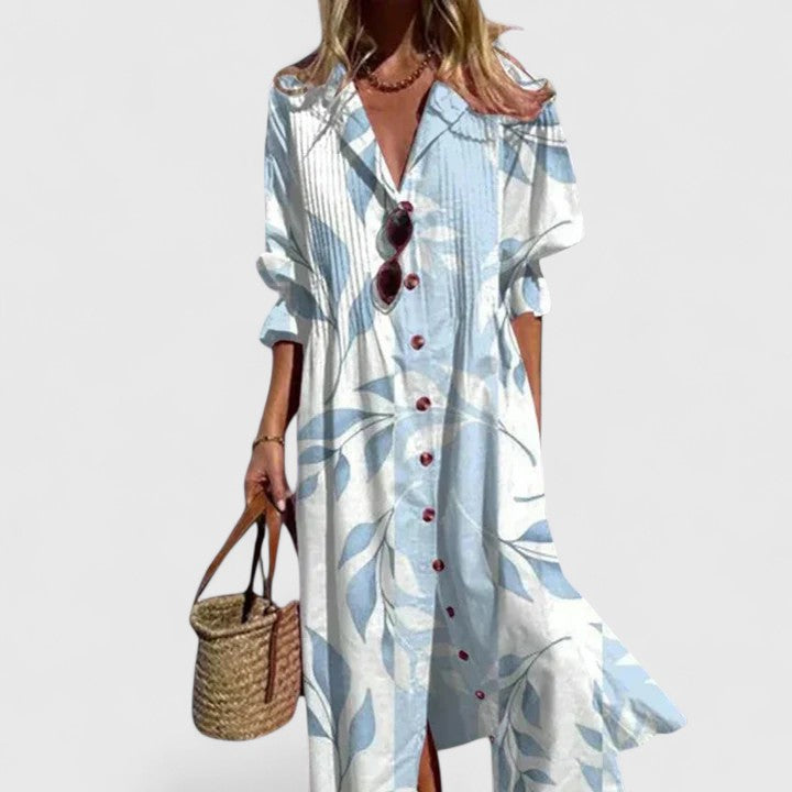 Women's Botanical Print Collared Button-Front Long Sleeve Midi Dress