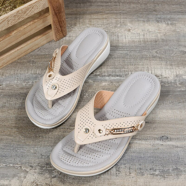 Women's Orthopaedic Thong Toe Wedge Sandals Gold Trim Detail