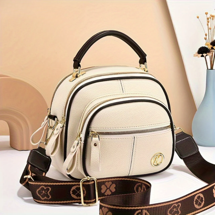 Women's Leather Multi-Zip Crossbody Bag with Woven Strap
