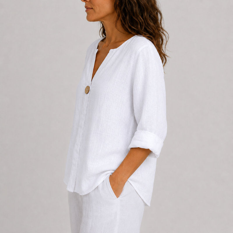 Women's V-Neck Linen Blouse with Single Button Detail