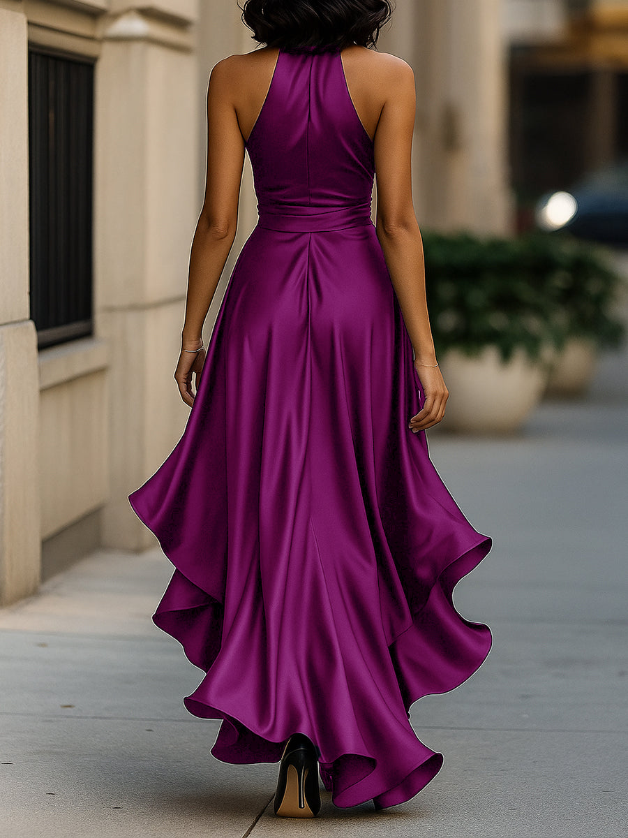 Women's Satin Halter Neck Wedding Guest Dress High-Low Hem