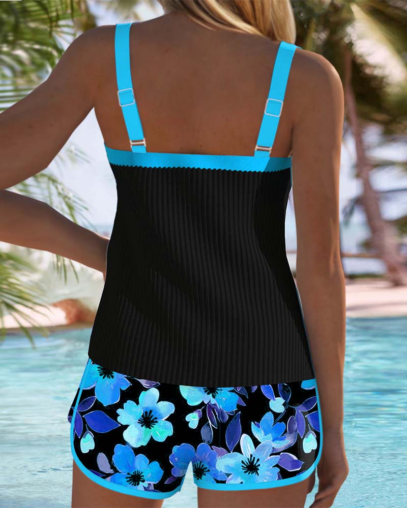 Women's Two-Piece Tankini Set Tummy Control Floral Shorts