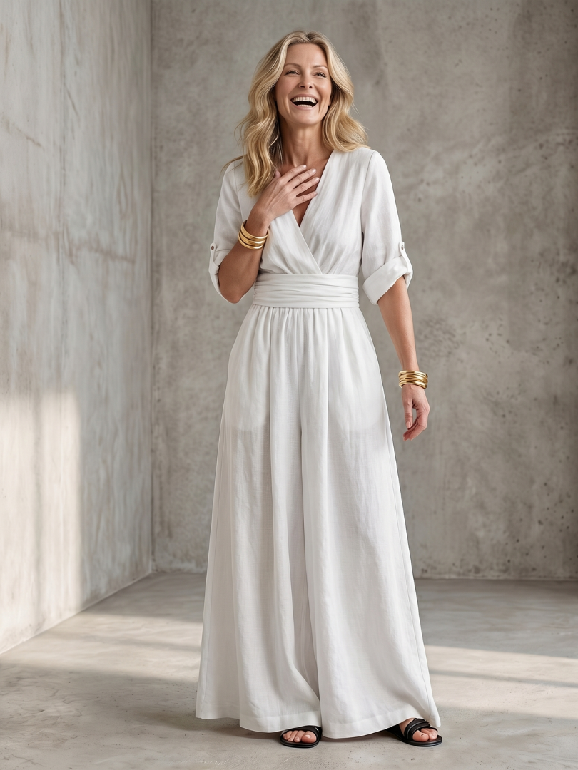 Women's Cross-Front Wide-Leg Gathered Waist Maxi Jumpsuit