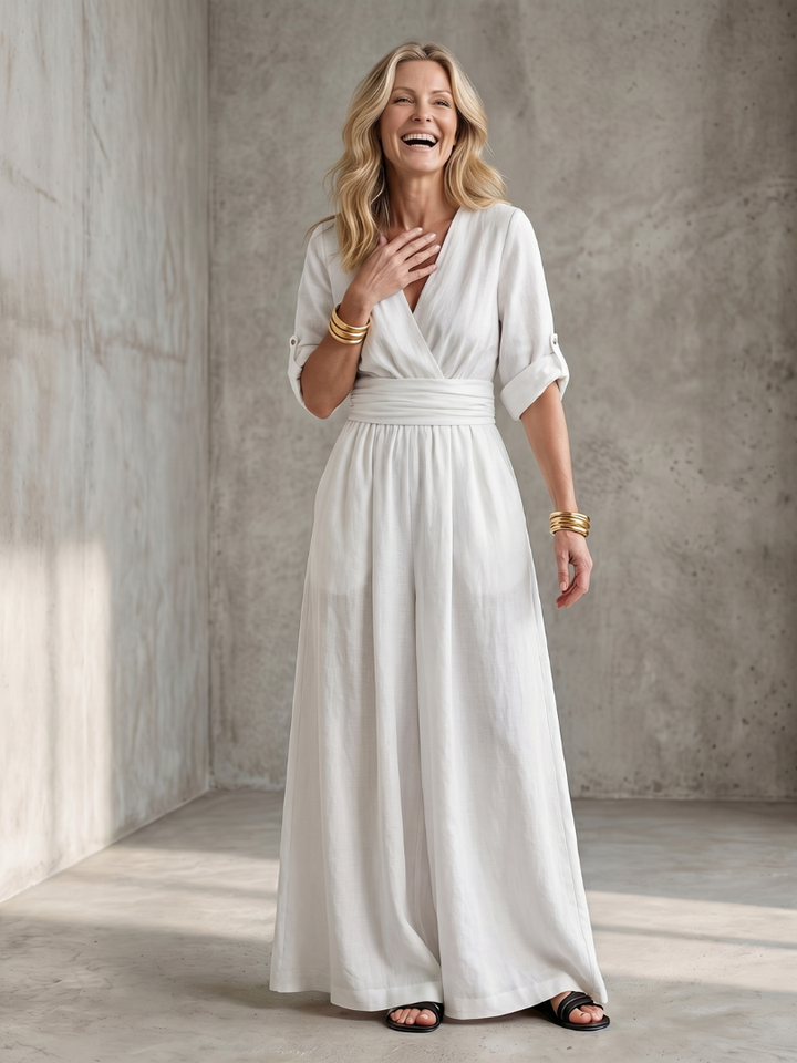 Women's Cross-Front Wide-Leg Gathered Waist Maxi Jumpsuit