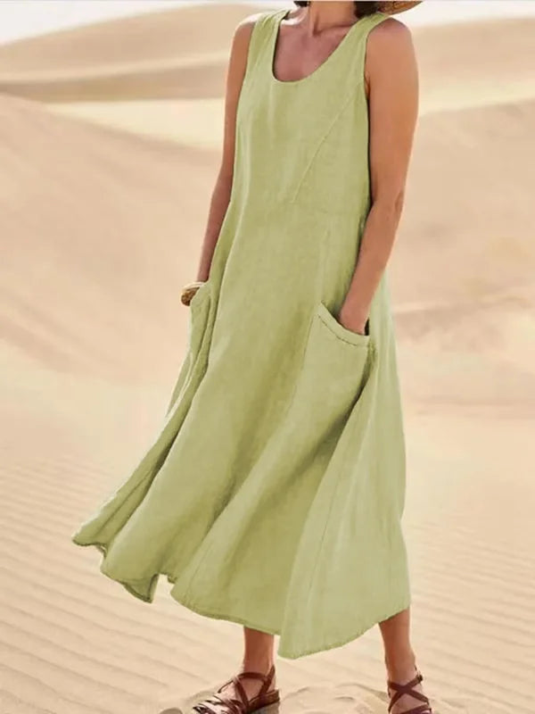 Women's Sleeveless Linen Maxi Dress with Side Pockets