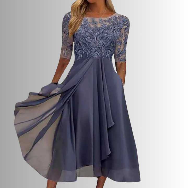 Women's Lace Bodice Midi Dress Half Sleeve Wedding Guest