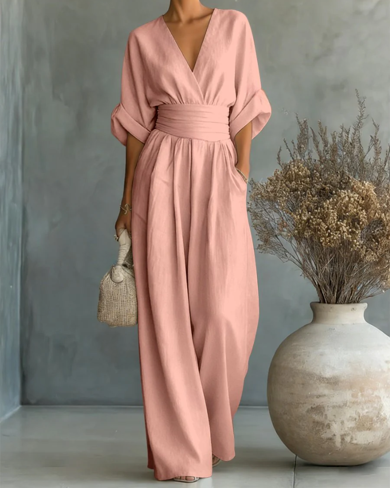 Women's Linen V-Neck Wide Leg Jumpsuit with Pockets