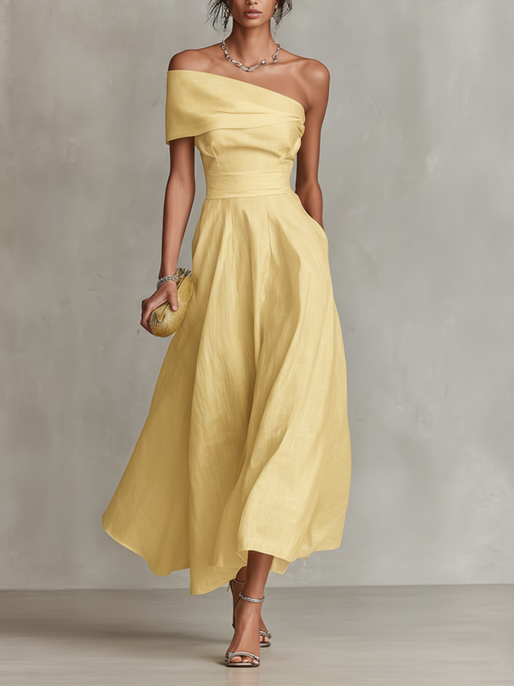 Women's Yellow One Shoulder Linen Midi Dress Wedding Guest