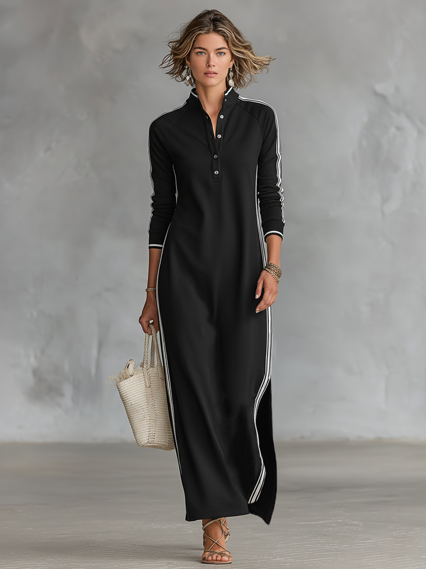 Women's Minimalist White-trimmed Button-down Collar Sweatshirt Dress Maxi Dress