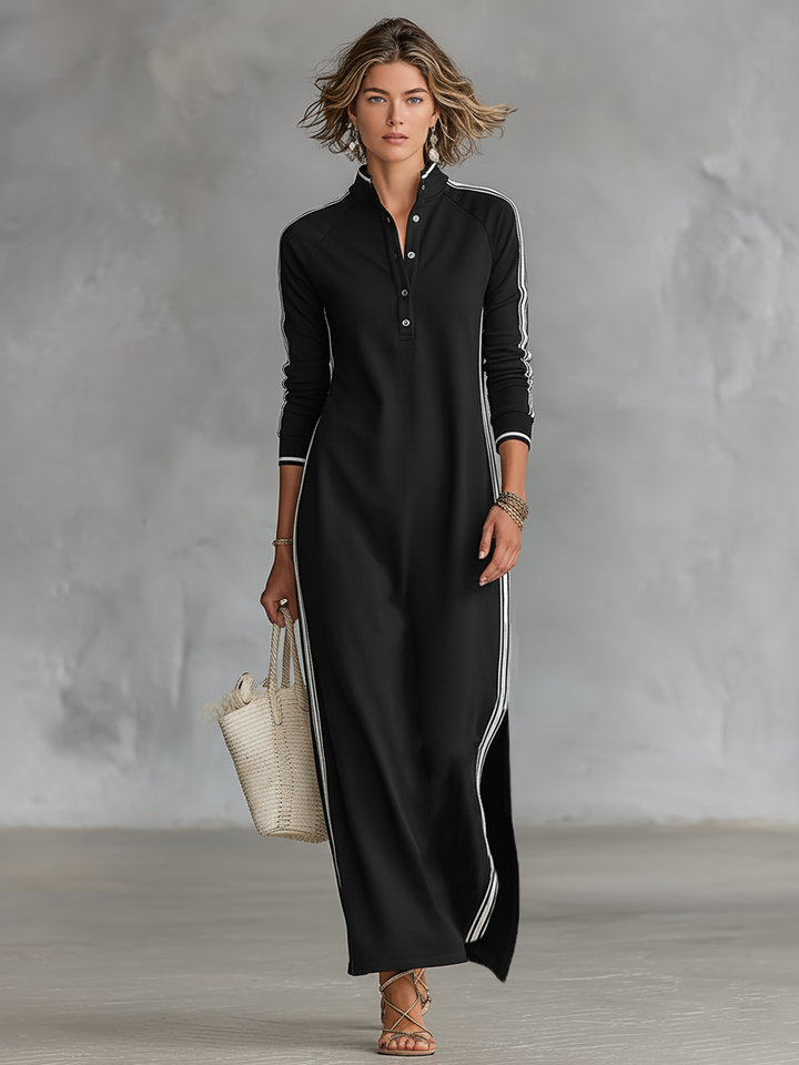 Women's Minimalist White-trimmed Button-down Collar Sweatshirt Dress Maxi Dress