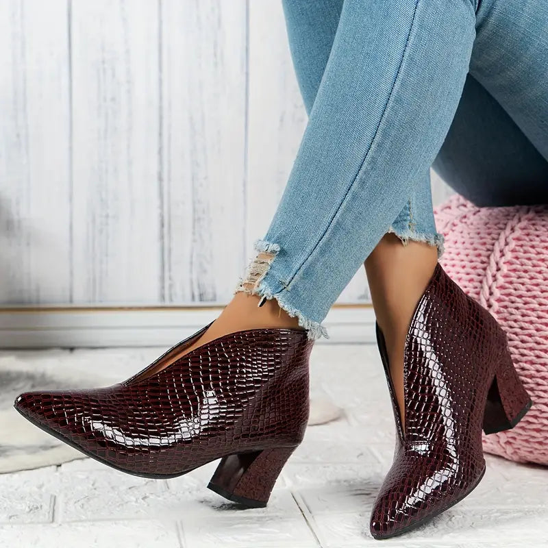 Women's Croc Embossed Pointed Toe Block Heel Ankle Boots