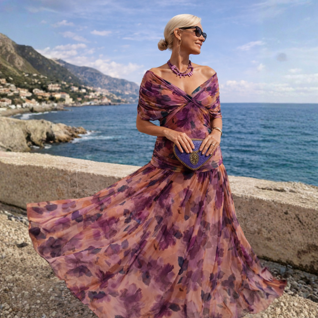 Women's V-Neck Ruched Waist Sheer Sleeve Chiffon Maxi Dress