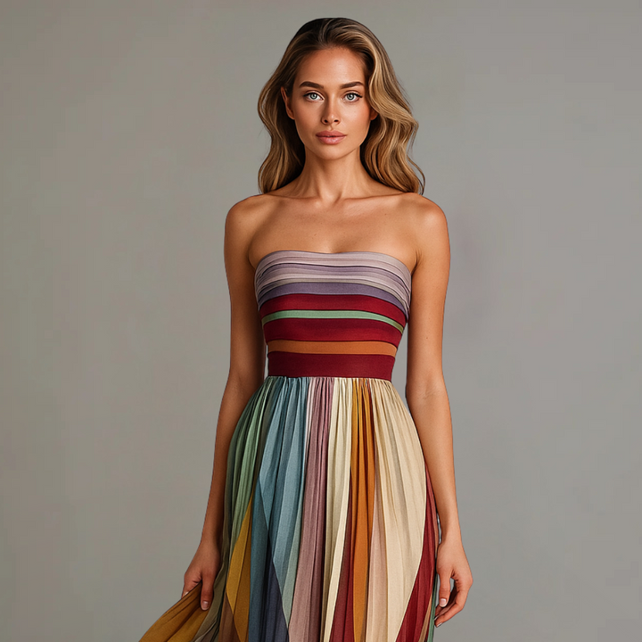 Women's Strapless Colorful Pleated Summer Maxi Dress Strapless