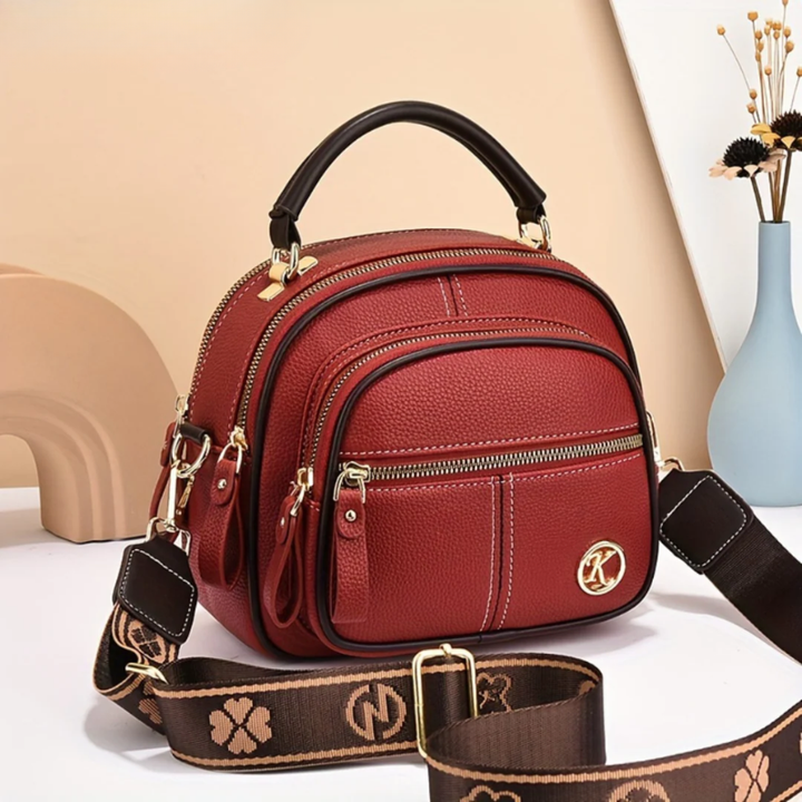 Women's Leather Multi-Zip Crossbody Bag with Woven Strap