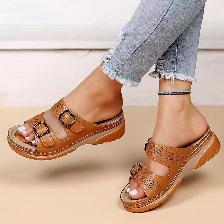 Women's Orthopaedic Double Buckle Cutout Wedge Mule Sandals