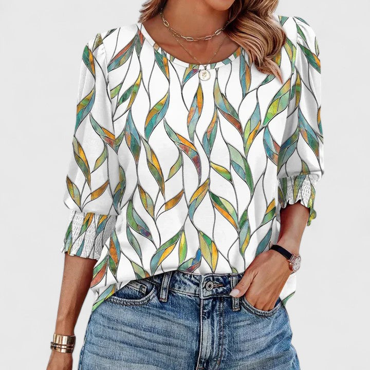 Women's 3/4 Sleeve Crew Neck Top with Smocked Cuffs