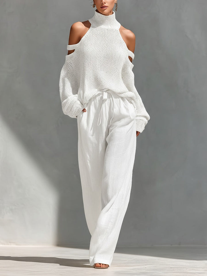 Women's Two-Piece Knit Cold-Shoulder Top and Wide-Leg Trousers Set
