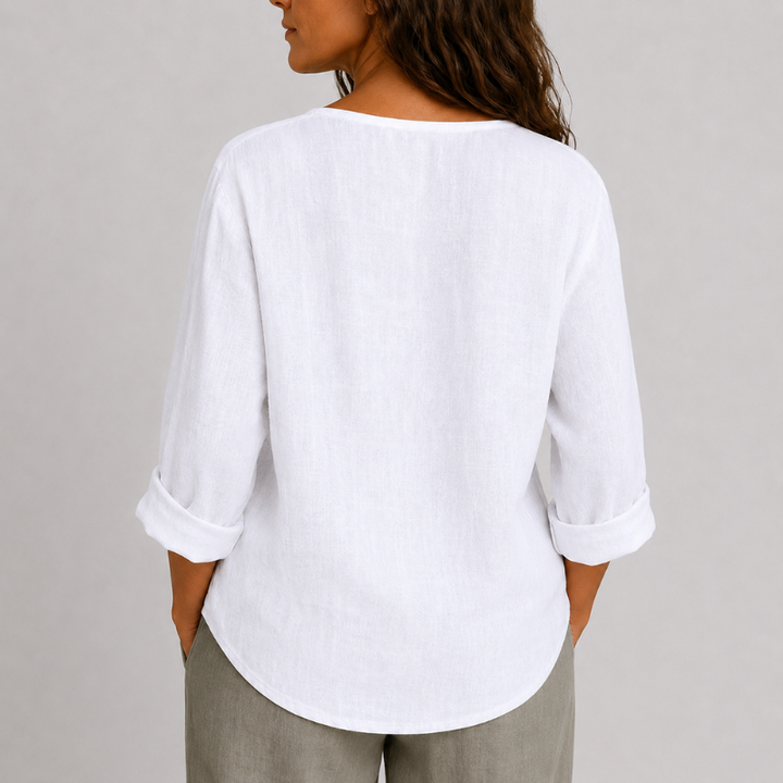 Women's V-Neck Linen Blouse with Single Button Detail