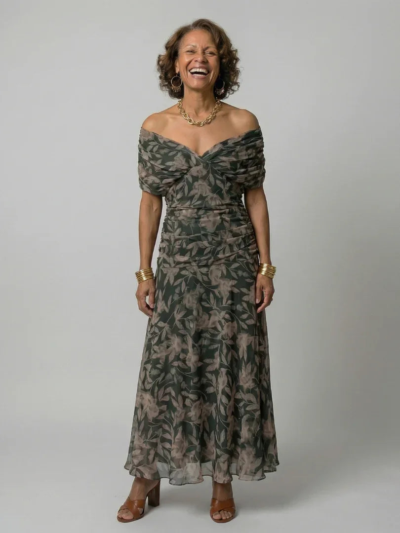 Women's Watercolour Floral Draped Off-Shoulder Flowy Midi Dress