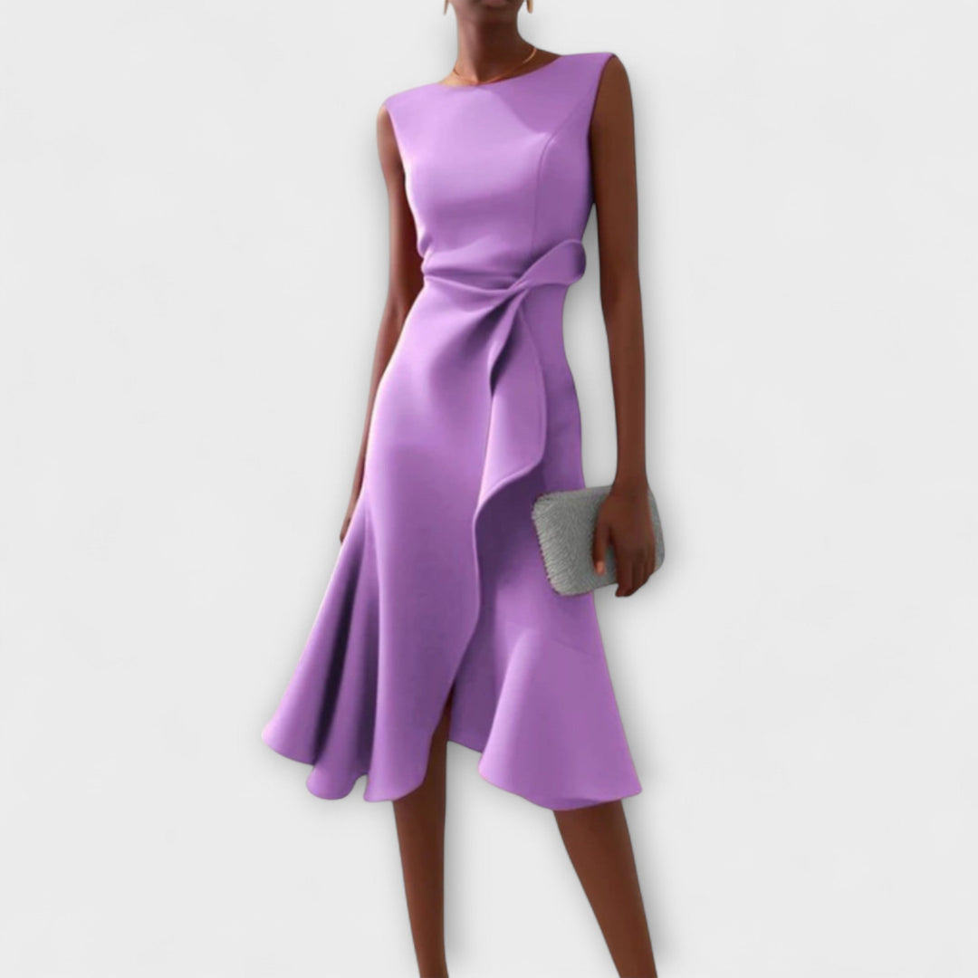 Women's Sleeveless Draped Waist Asymmetric Ruffle Hem Midi Dress