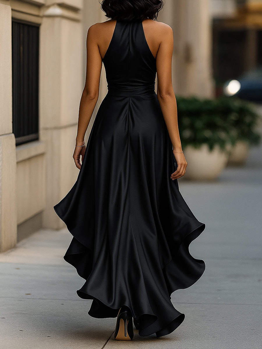 Women's Satin Halter Neck Wedding Guest Dress High-Low Hem