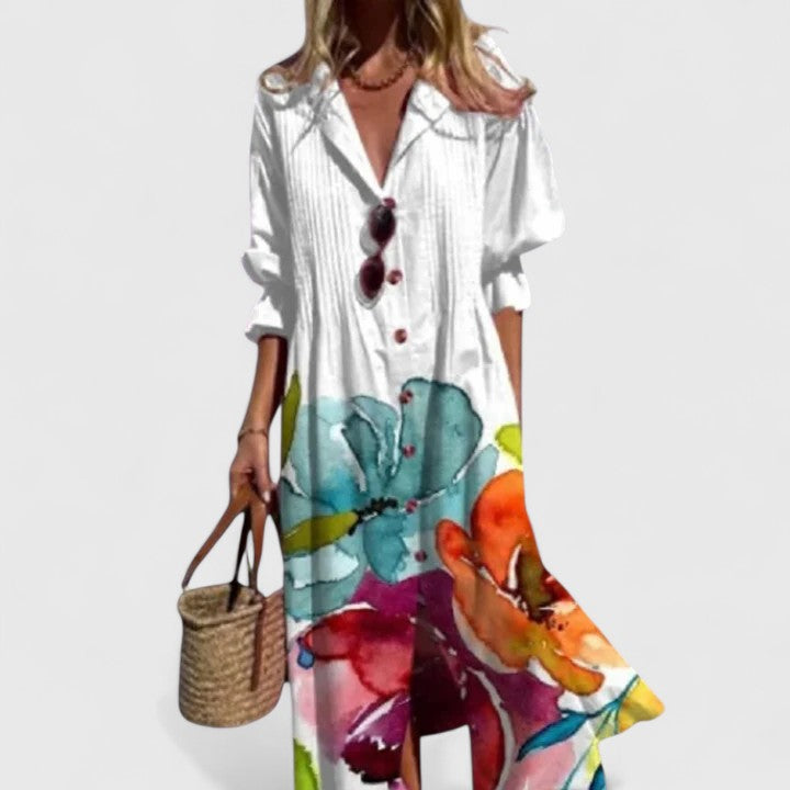 Women's Botanical Print Collared Button-Front Long Sleeve Midi Dress