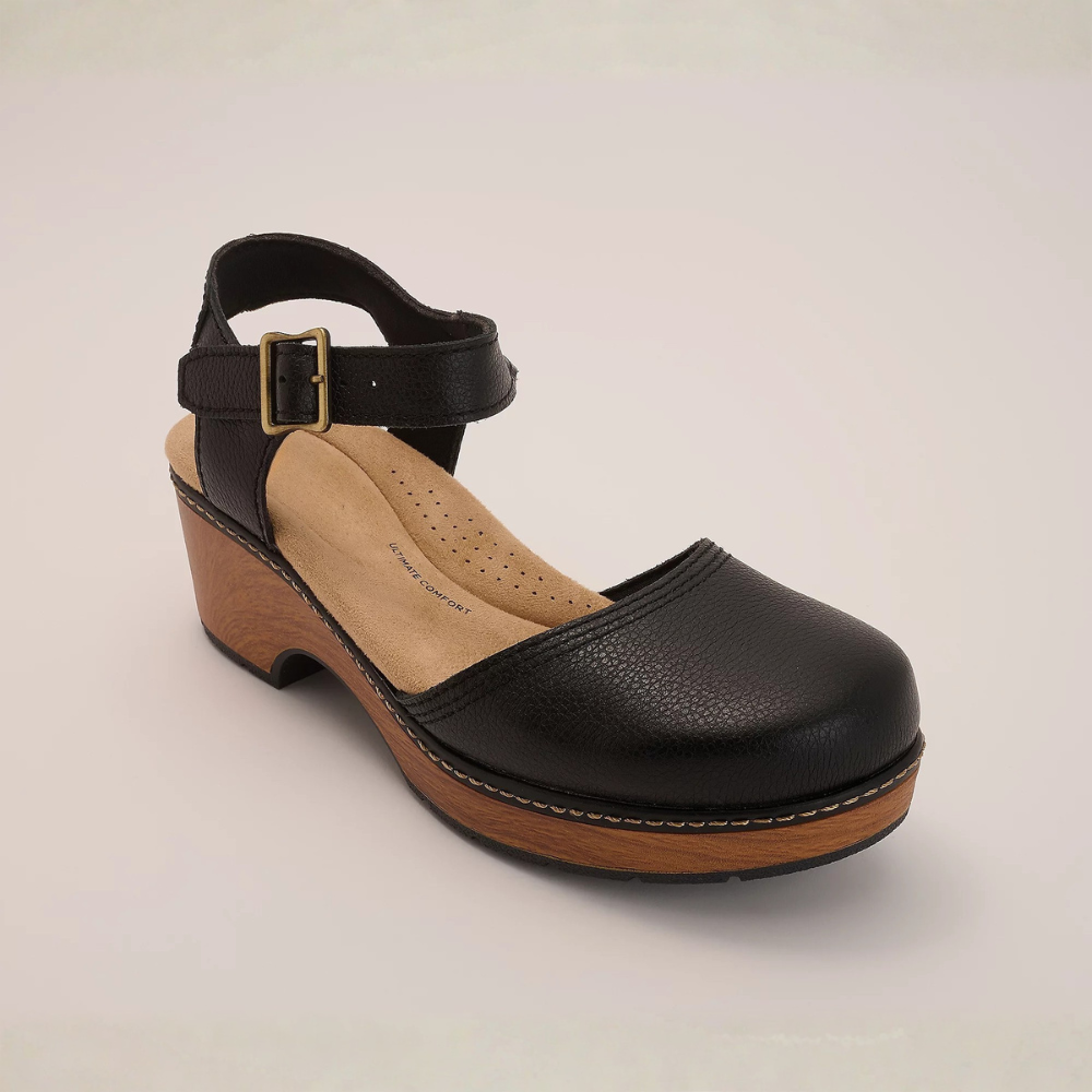 Women's Leather Ankle Strap Wooden Platform Clogs