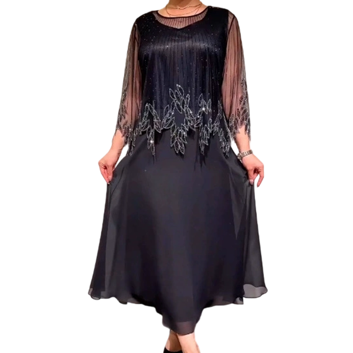 Women's Stylish Beaded Mesh Overlay Maxi Dress Sheer Sleeve