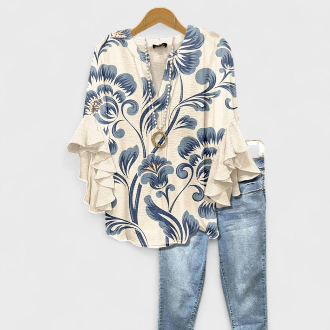 Women's Baroque Floral Print Ruffle Sleeve V-Neck Blouse