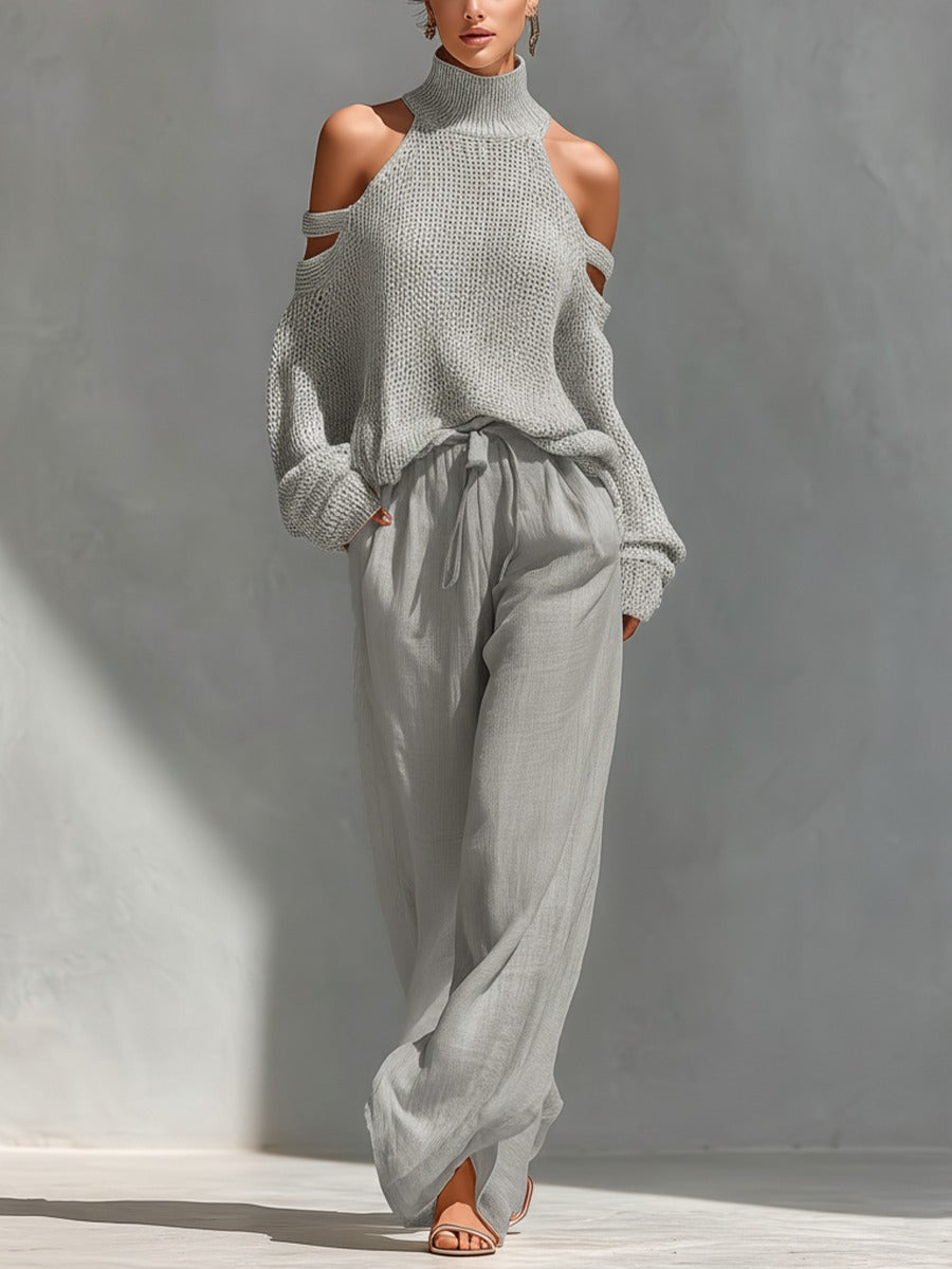 Women's Two-Piece Knit Cold-Shoulder Top and Wide-Leg Trousers Set