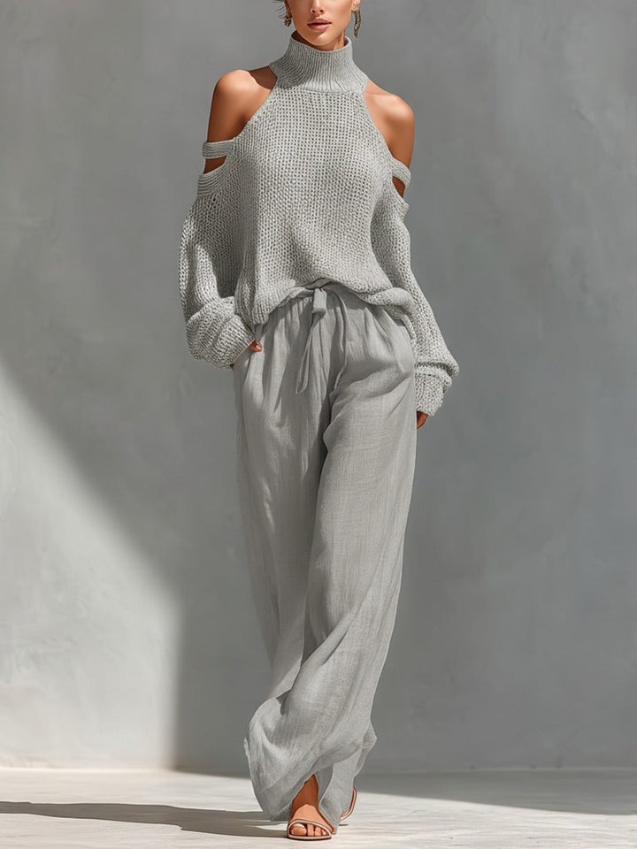 Women's Two-Piece Knit Cold-Shoulder Top and Wide-Leg Trousers Set