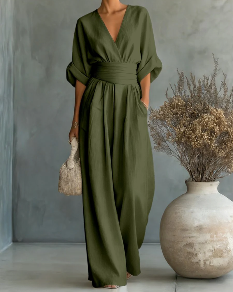 Women's Linen V-Neck Wide Leg Jumpsuit with Pockets