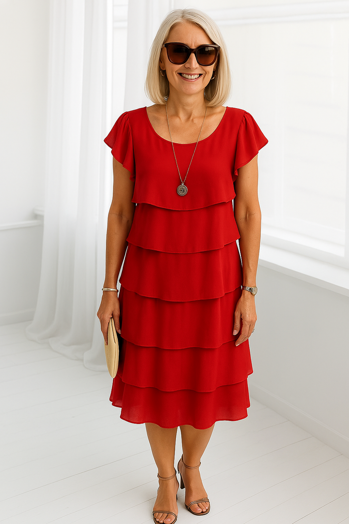 Women's Chiffon Tiered Ruffle Short Sleeve Round Neck Midi Dress