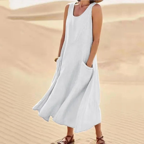 Women's Sleeveless Linen Maxi Dress with Side Pockets