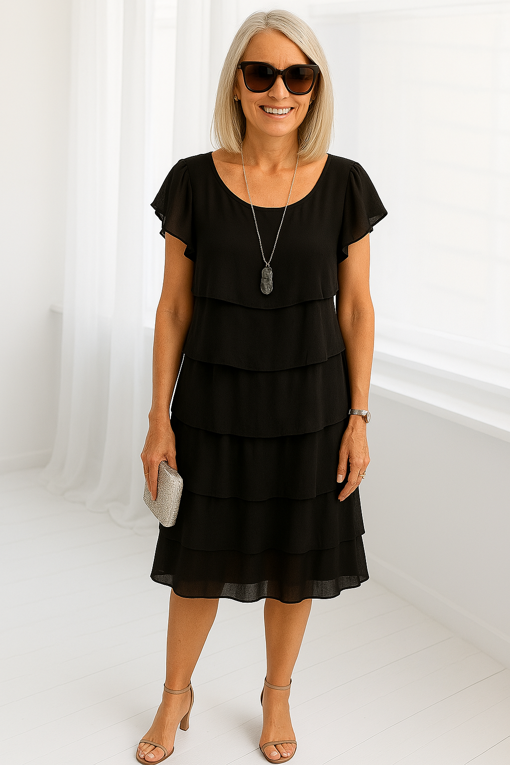 Women's Chiffon Tiered Ruffle Short Sleeve Round Neck Midi Dress