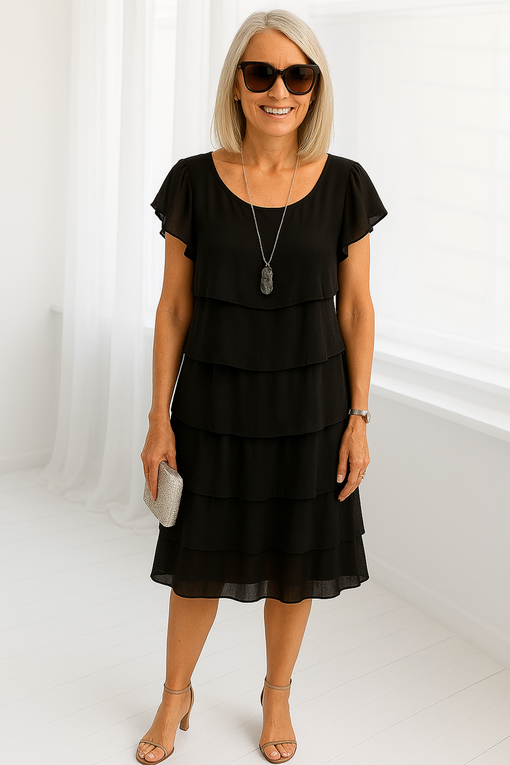 Women's Chiffon Tiered Ruffle Short Sleeve Round Neck Midi Dress