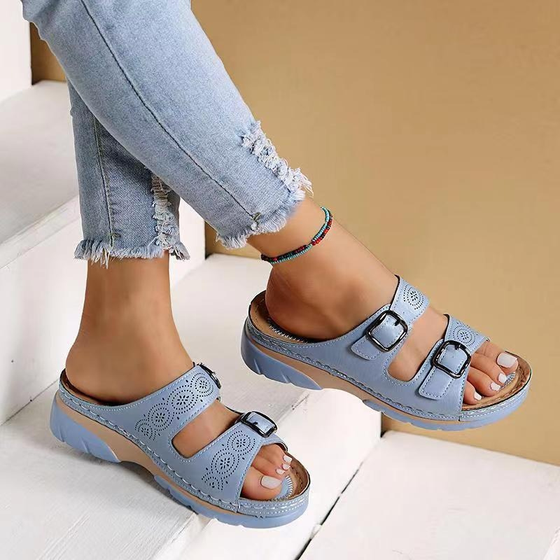 Women's Orthopaedic Double Buckle Cutout Wedge Mule Sandals
