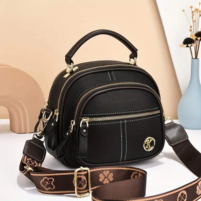 Women's Leather Multi-Zip Crossbody Bag with Woven Strap