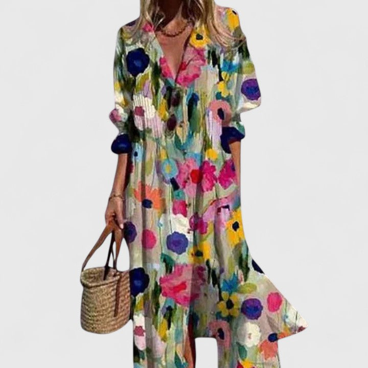 Women's Botanical Print Collared Button-Front Long Sleeve Midi Dress