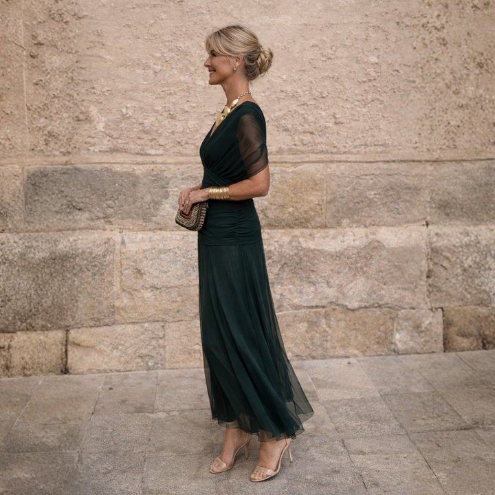 Women's V-Neck Ruched Waist Sheer Sleeve Chiffon Maxi Dress