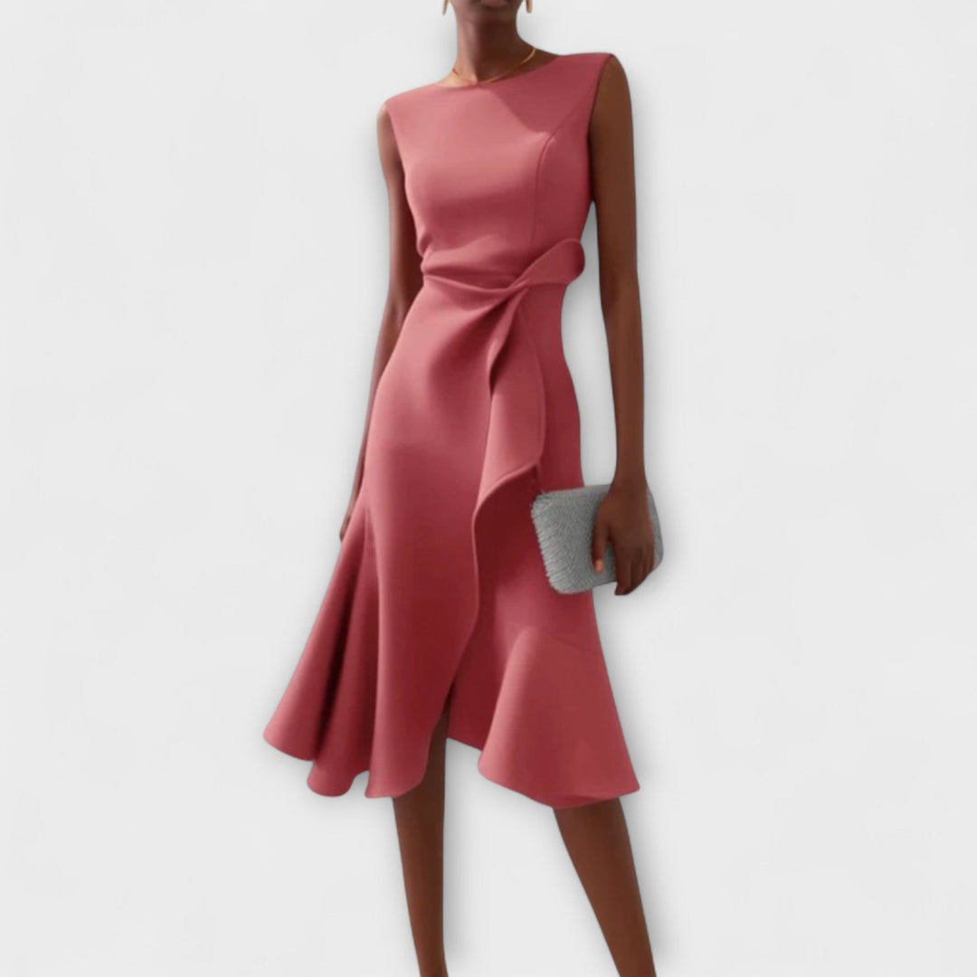 Women's Sleeveless Draped Waist Asymmetric Ruffle Hem Midi Dress