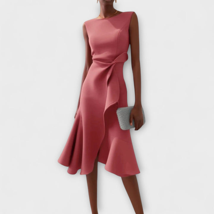 Women's Sleeveless Draped Waist Asymmetric Ruffle Hem Midi Dress