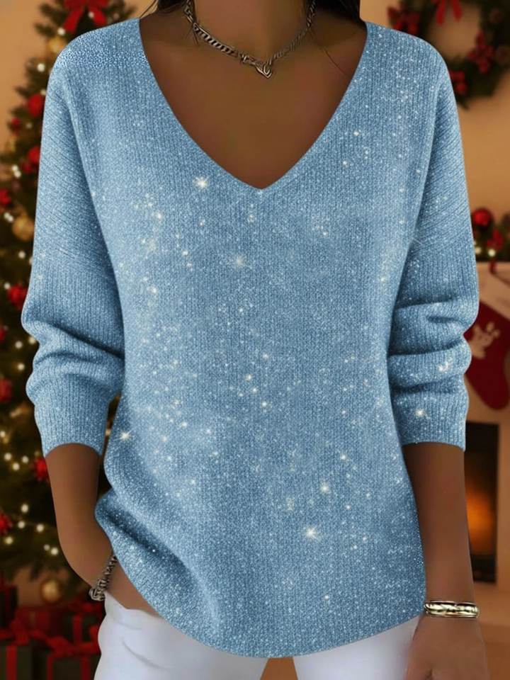Women's Festive Glitter V-Neck Jumper Long Sleeve Sparkle