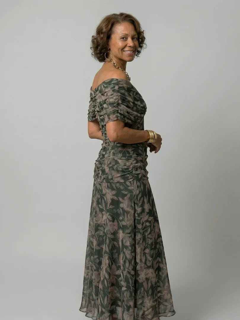 Women's Watercolour Floral Draped Off-Shoulder Flowy Midi Dress