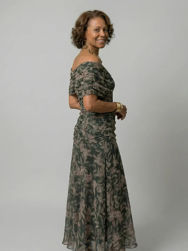 Women's Watercolour Floral Draped Off-Shoulder Flowy Midi Dress