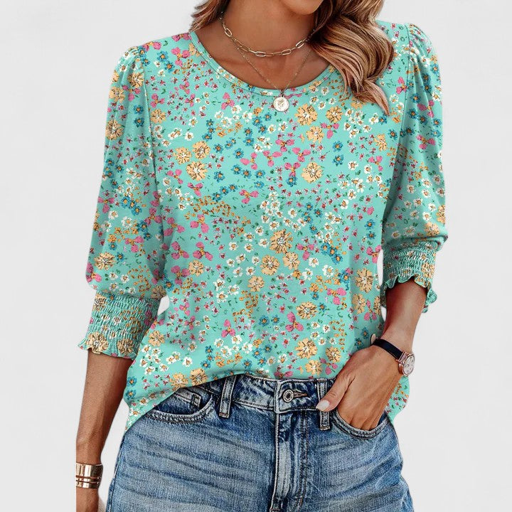 Women's 3/4 Sleeve Crew Neck Top with Smocked Cuffs